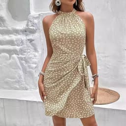 image-Summer Halterneck Printed Dress With Tied-waist Design Women's Shivering Dots Temperament Dress
