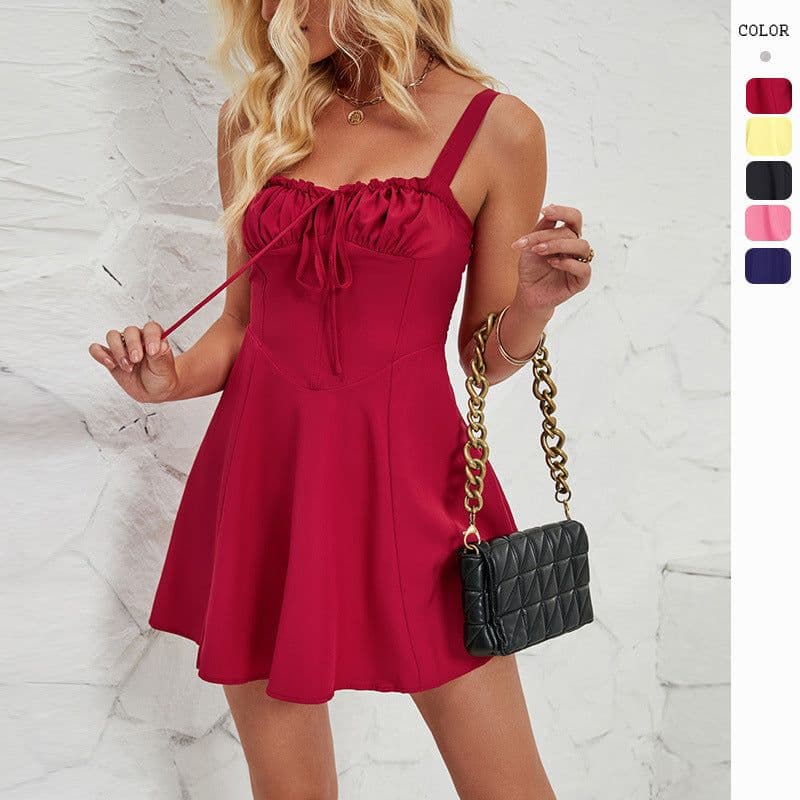 image-Summer Sleeveless Solid Color A-line Dress Lace-up Suspender Mini Skirt For Womens Clothing