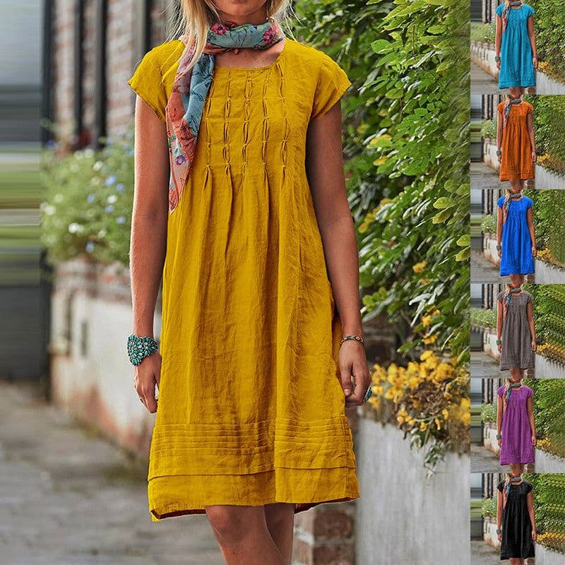 image-Fashion U-neck Short Sleeve Dress Summer Solid Straight Dresses Womens Clothing
