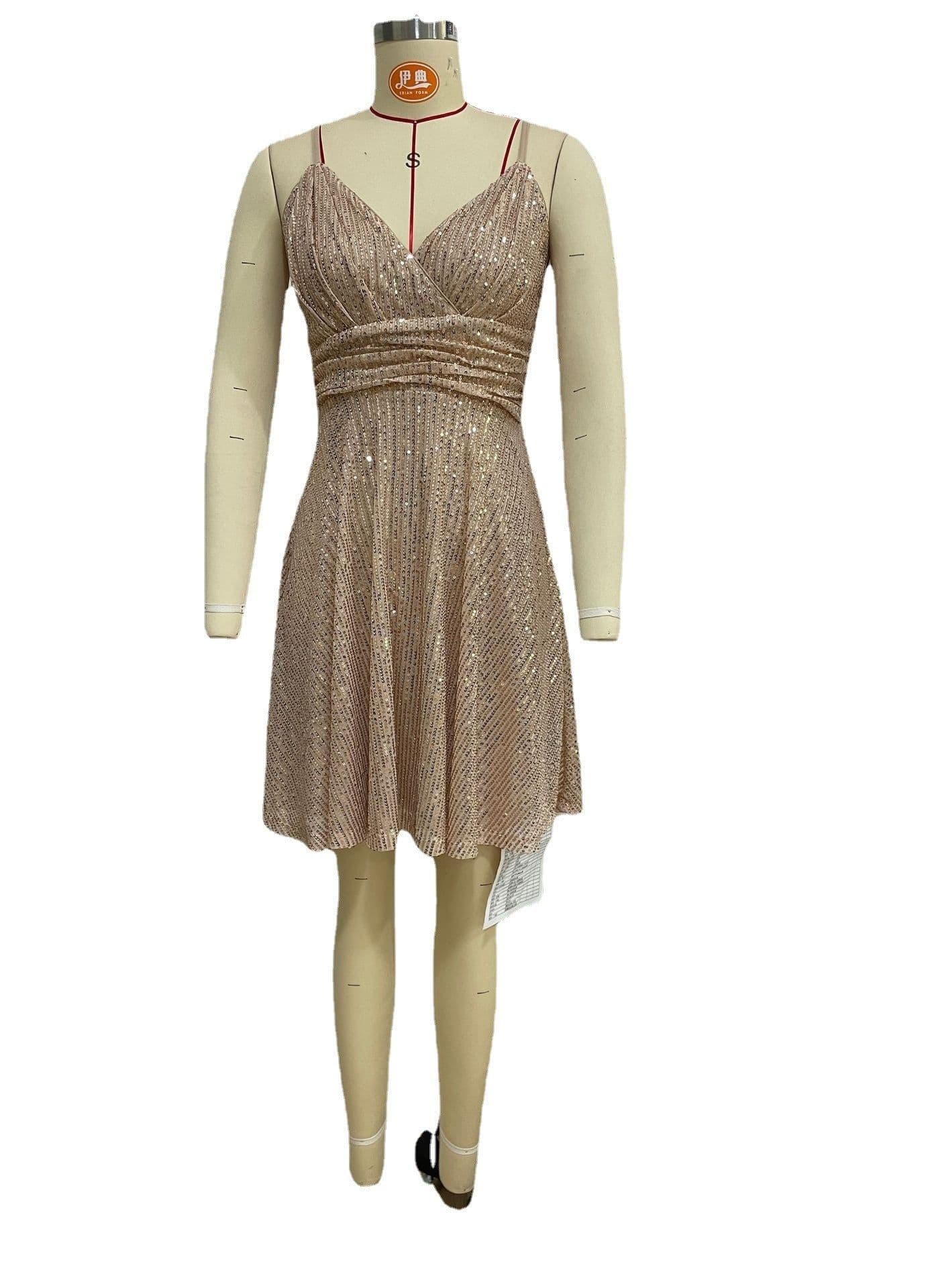 image-Autumn And Winter New Women's Sexy Gorgeous Sequined Dress Pleated Cross Strap Vacation Style Dress