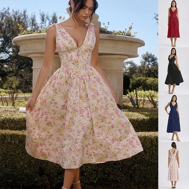 image-V-neck A-line Dress Summer Pleated Floral Print Tight Waist Swing Dresses With Pockets Womens Clothing