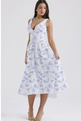 image-V-neck A-line Dress Summer Pleated Floral Print Tight Waist Swing Dresses With Pockets Womens Clothing