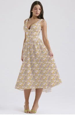 image-V-neck A-line Dress Summer Pleated Floral Print Tight Waist Swing Dresses With Pockets Womens Clothing