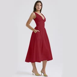 image-V-neck A-line Dress Summer Pleated Floral Print Tight Waist Swing Dresses With Pockets Womens Clothing