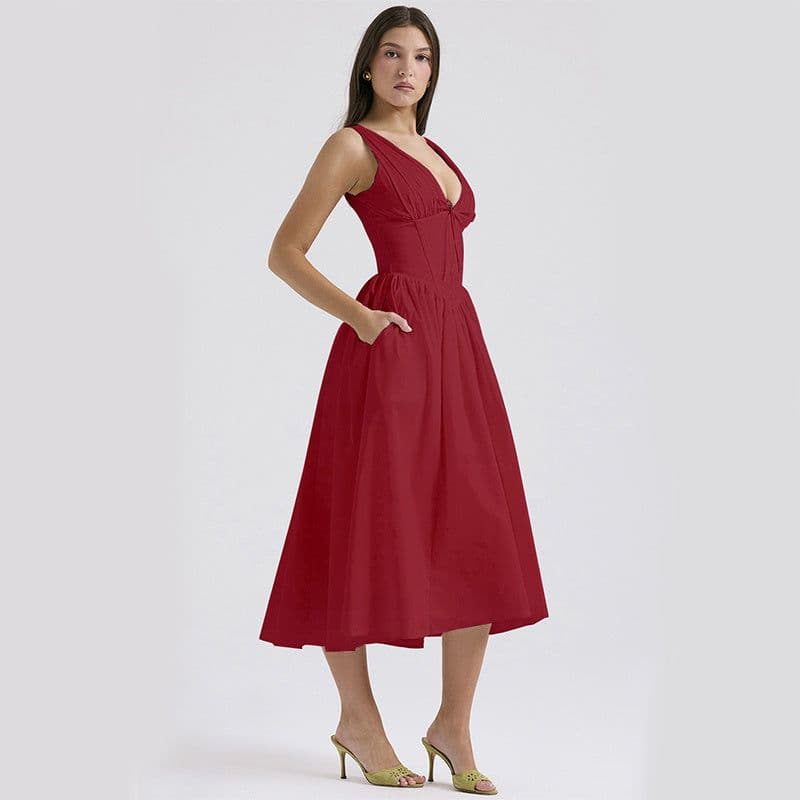 image-V-neck A-line Dress Summer Pleated Floral Print Tight Waist Swing Dresses With Pockets Womens Clothing