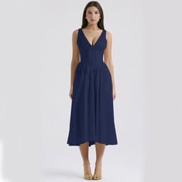 image-V-neck A-line Dress Summer Pleated Floral Print Tight Waist Swing Dresses With Pockets Womens Clothing