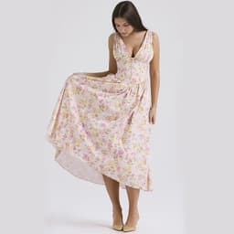 image-V-neck A-line Dress Summer Pleated Floral Print Tight Waist Swing Dresses With Pockets Womens Clothing