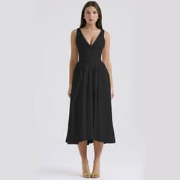 image-V-neck A-line Dress Summer Pleated Floral Print Tight Waist Swing Dresses With Pockets Womens Clothing