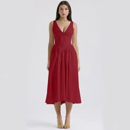 image-V-neck A-line Dress Summer Pleated Floral Print Tight Waist Swing Dresses With Pockets Womens Clothing