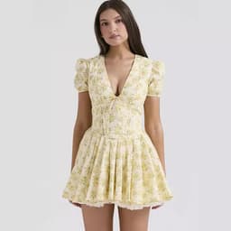 image-V-neck Puff Sleeve Dress Yellow Flowers Print French Style Sweet Pleated Dresses Womens Clothing