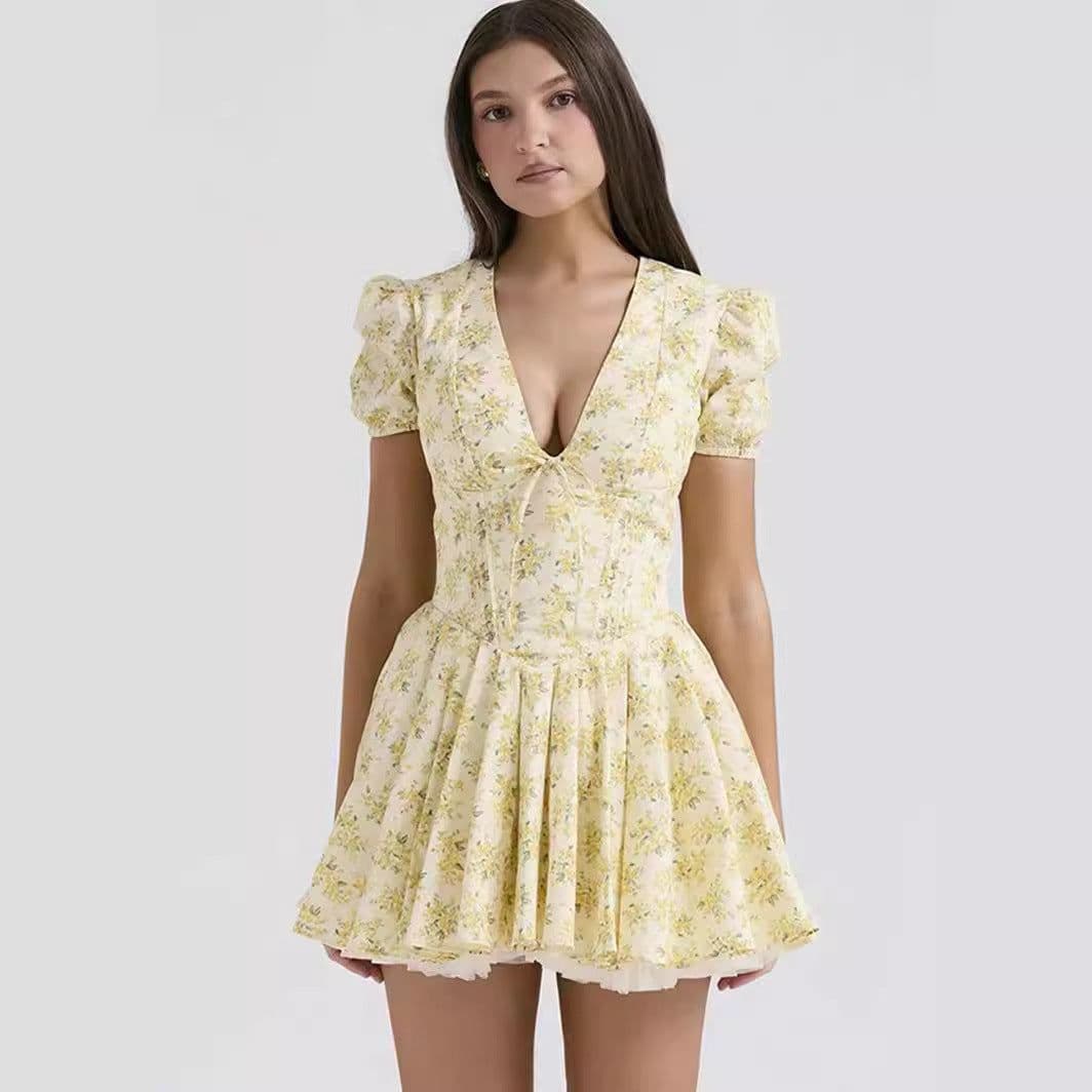 image-V-neck Puff Sleeve Dress Yellow Flowers Print French Style Sweet Pleated Dresses Womens Clothing