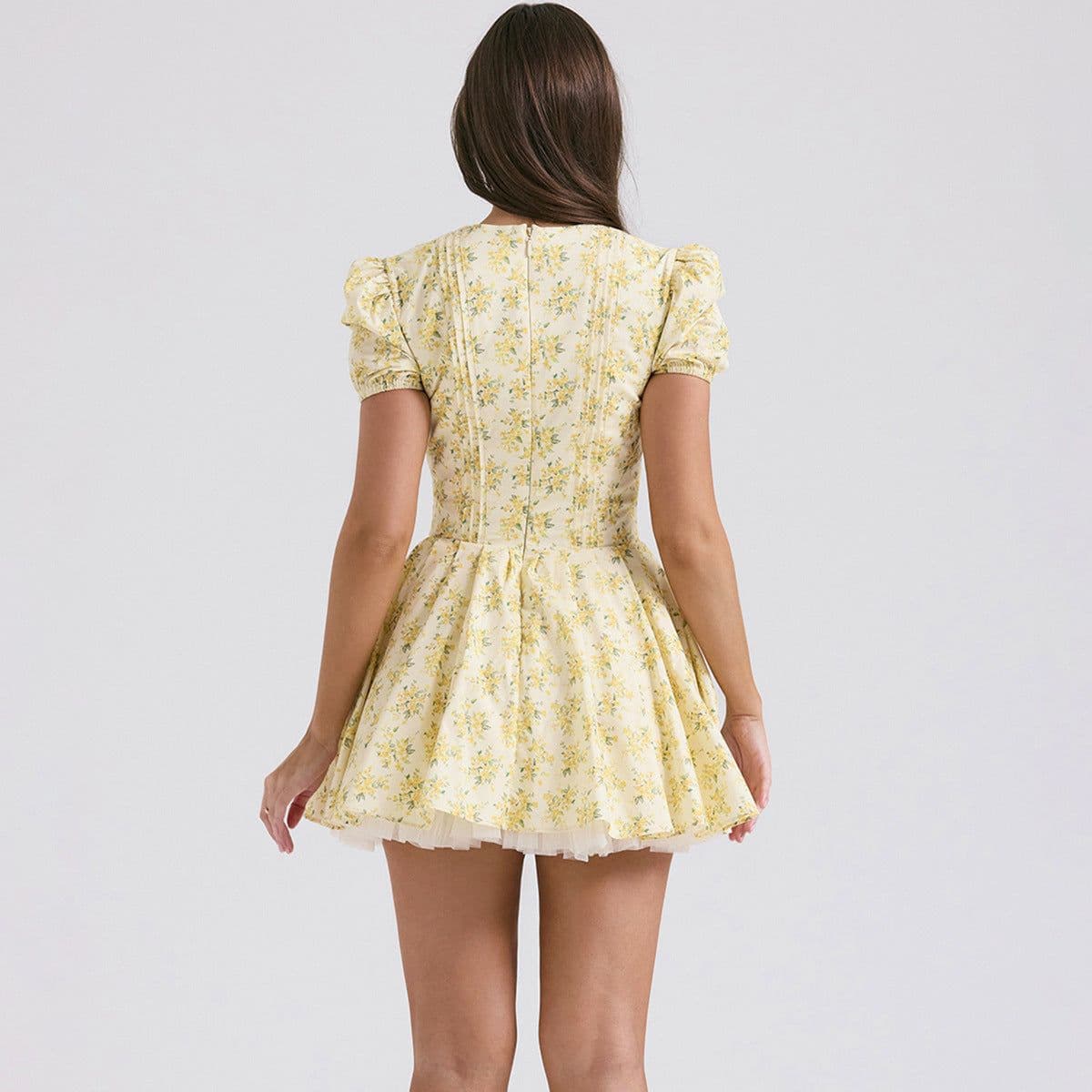 image-V-neck Puff Sleeve Dress Yellow Flowers Print French Style Sweet Pleated Dresses Womens Clothing