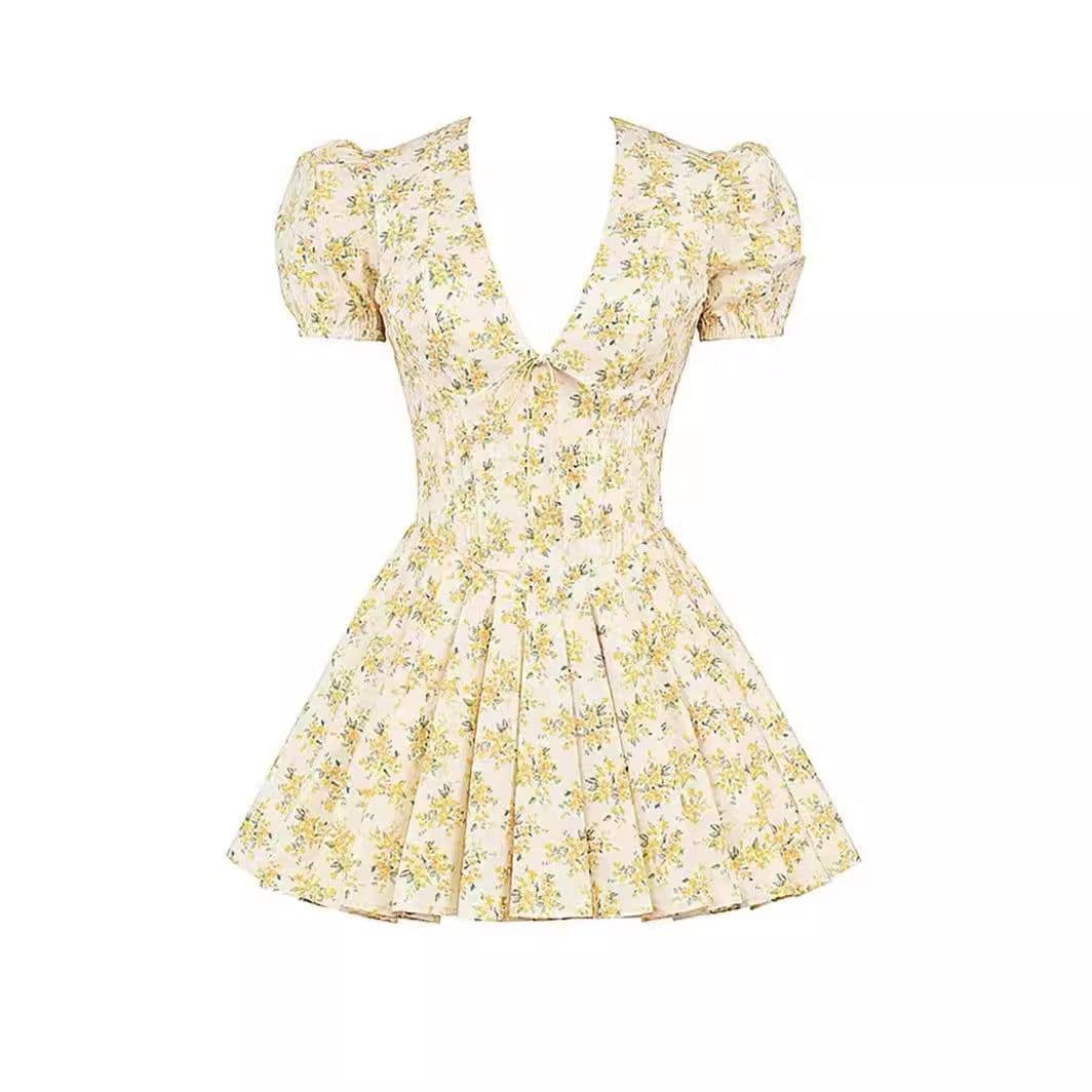 image-V-neck Puff Sleeve Dress Yellow Flowers Print French Style Sweet Pleated Dresses Womens Clothing
