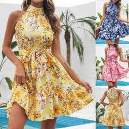 image-New Flowers Print Halterneck Dress Summer Fashion Temperament Lace-up Ruffled Dresses For Women
