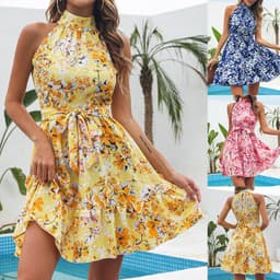 image-New Flowers Print Halterneck Dress Summer Fashion Temperament Lace-up Ruffled Dresses For Women