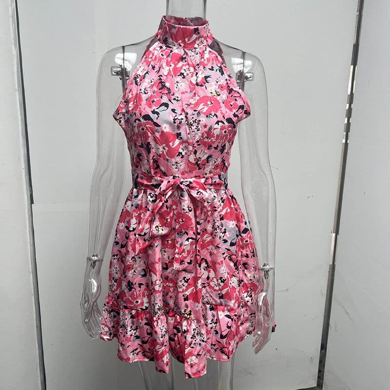 image-New Flowers Print Halterneck Dress Summer Fashion Temperament Lace-up Ruffled Dresses For Women