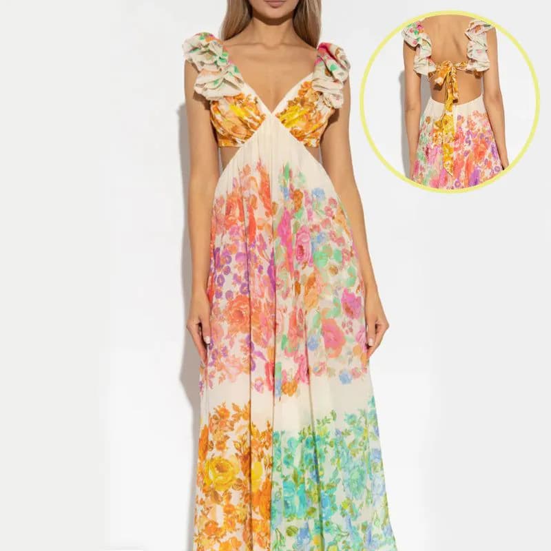 image-Fashion V-neck Ruffle Sleeve Long Dress Summer Romantic French-Style Flowers Print Bow-knot Backless Design Beach Vacation Dresses Womens Clothing