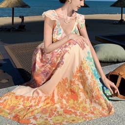 image-Fashion V-neck Ruffle Sleeve Long Dress Summer Romantic French-Style Flowers Print Bow-knot Backless Design Beach Vacation Dresses Womens Clothing