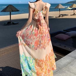 image-Fashion V-neck Ruffle Sleeve Long Dress Summer Romantic French-Style Flowers Print Bow-knot Backless Design Beach Vacation Dresses Womens Clothing