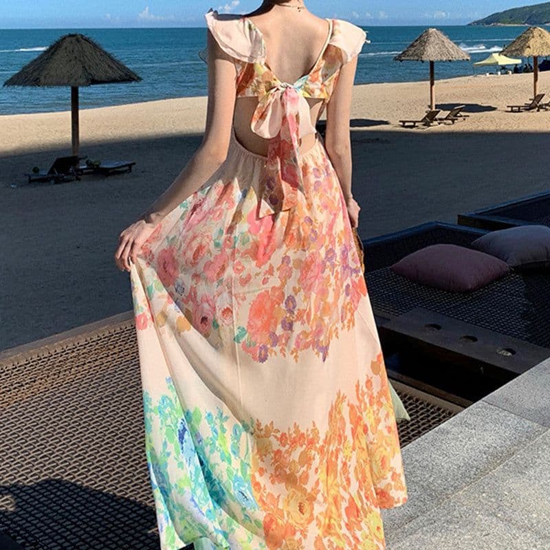 image-Fashion V-neck Ruffle Sleeve Long Dress Summer Romantic French-Style Flowers Print Bow-knot Backless Design Beach Vacation Dresses Womens Clothing