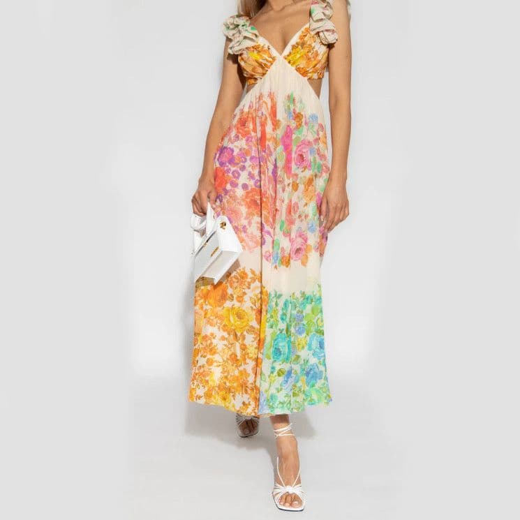 image-Fashion V-neck Ruffle Sleeve Long Dress Summer Romantic French-Style Flowers Print Bow-knot Backless Design Beach Vacation Dresses Womens Clothing