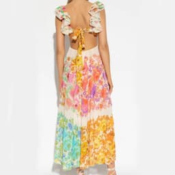 image-Fashion V-neck Ruffle Sleeve Long Dress Summer Romantic French-Style Flowers Print Bow-knot Backless Design Beach Vacation Dresses Womens Clothing