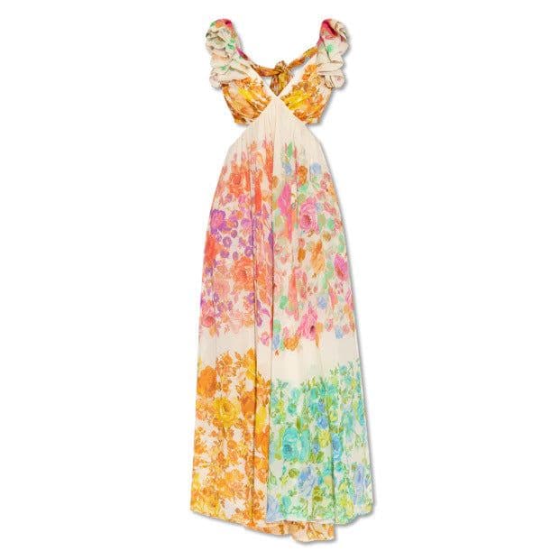 image-Fashion V-neck Ruffle Sleeve Long Dress Summer Romantic French-Style Flowers Print Bow-knot Backless Design Beach Vacation Dresses Womens Clothing