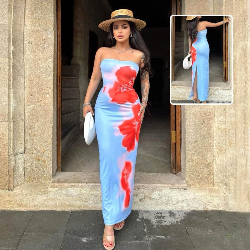 image-Slim Slit Tube Long Dress Summer Sexy Pint Party Beach Dresses Women's Clothing
