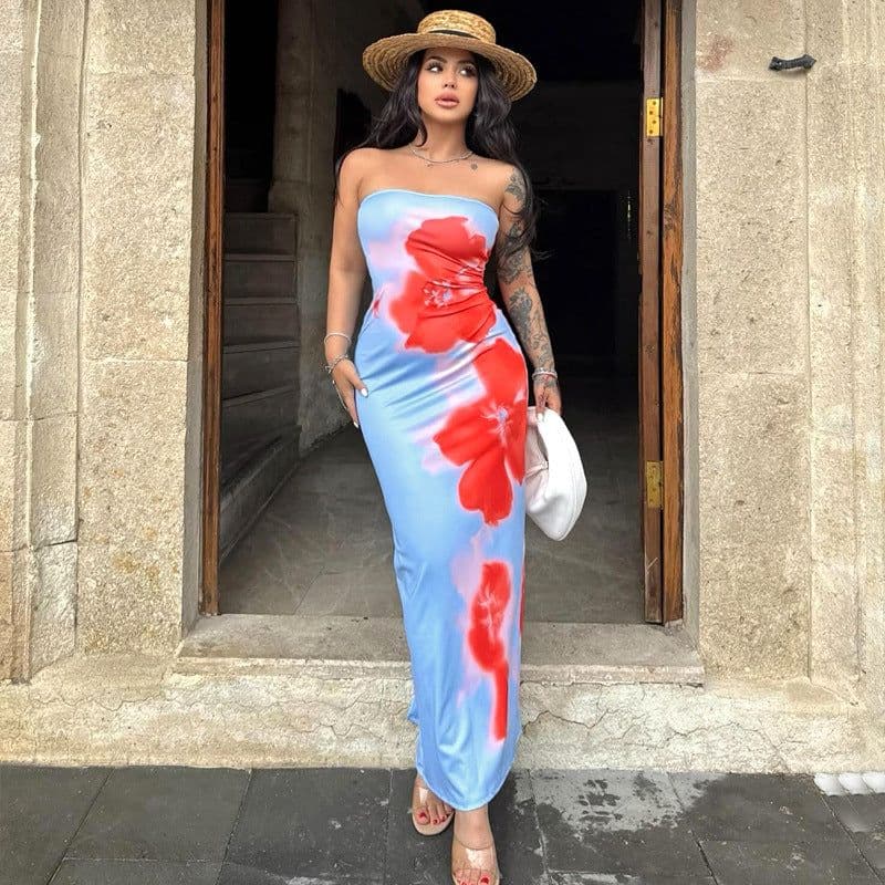 image-Slim Slit Tube Long Dress Summer Sexy Pint Party Beach Dresses Women's Clothing