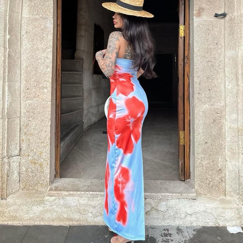 image-Slim Slit Tube Long Dress Summer Sexy Pint Party Beach Dresses Women's Clothing