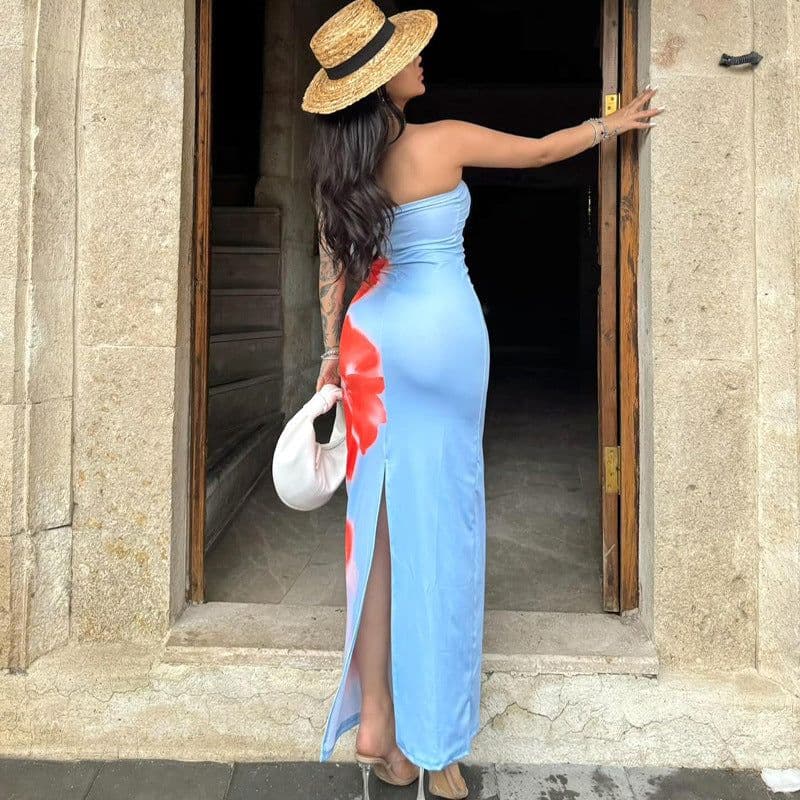 image-Slim Slit Tube Long Dress Summer Sexy Pint Party Beach Dresses Women's Clothing