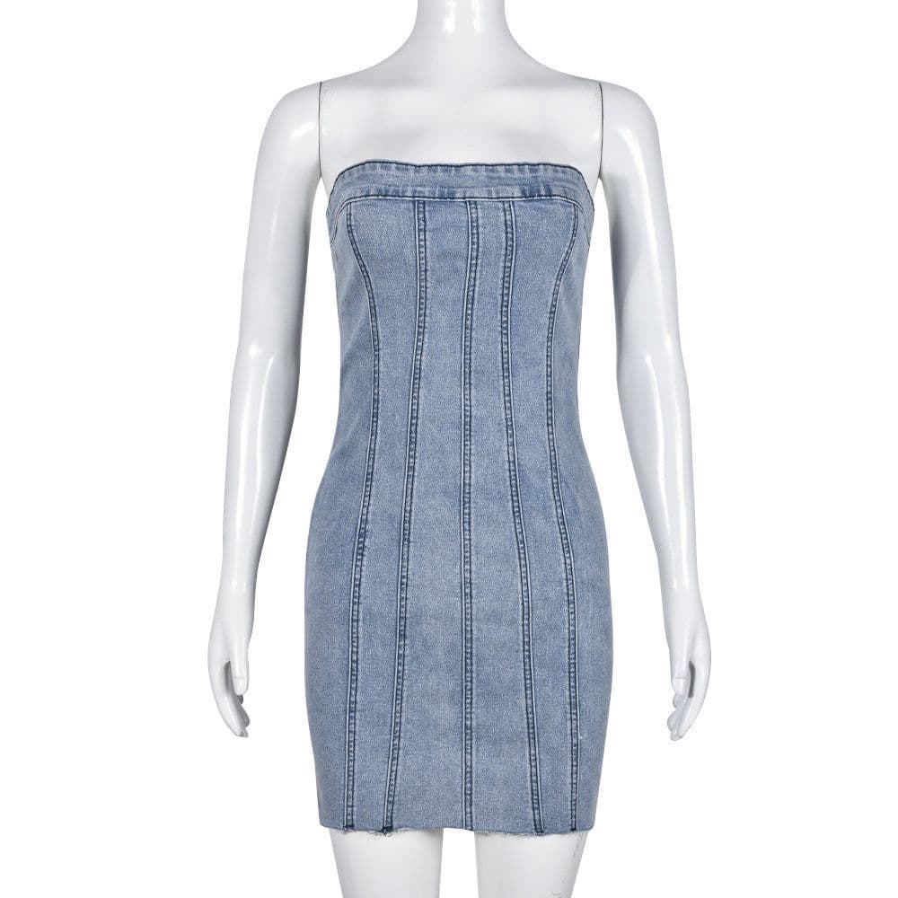 image-Fashion Backless Tube Denim Dress Summer Sexy Y2K Slim Short Dresses For Women Clothing