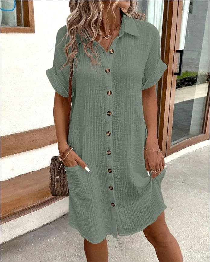 image-Summer Short Sleeve Shirt Dress Fashion Solid Color Single-breasted Mid-length Loose Dress