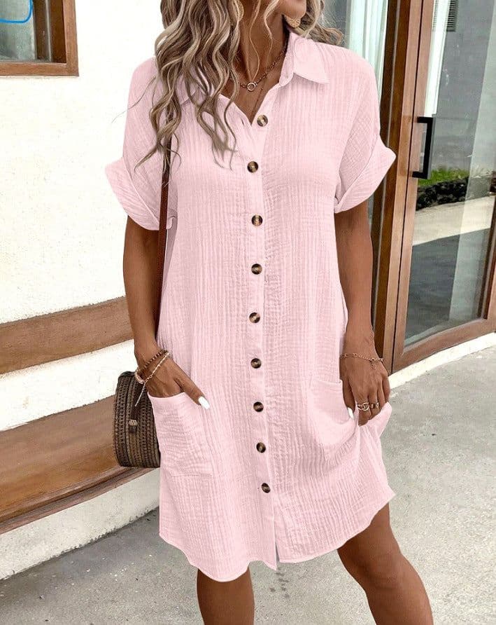 image-Summer Short Sleeve Shirt Dress Fashion Solid Color Single-breasted Mid-length Loose Dress
