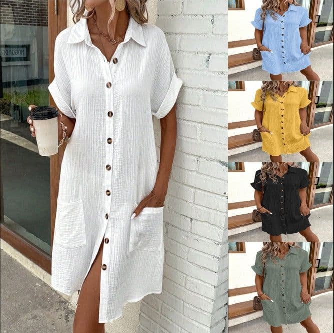 image-Summer Short Sleeve Shirt Dress Fashion Solid Color Single-breasted Mid-length Loose Dress