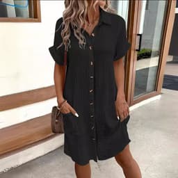 image-Summer Short Sleeve Shirt Dress Fashion Solid Color Single-breasted Mid-length Loose Dress