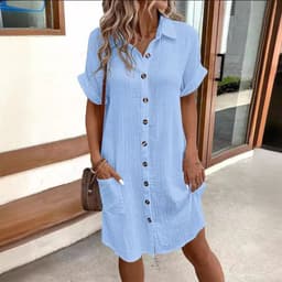 image-Summer Short Sleeve Shirt Dress Fashion Solid Color Single-breasted Mid-length Loose Dress