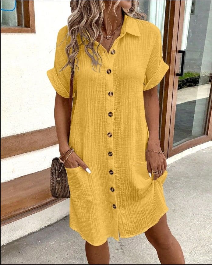image-Summer Short Sleeve Shirt Dress Fashion Solid Color Single-breasted Mid-length Loose Dress