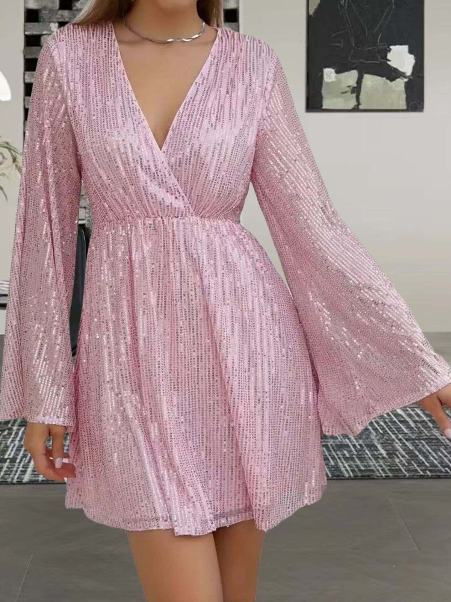 image-V-neck Sequin Waist Slimming Senior Party Evening Dress