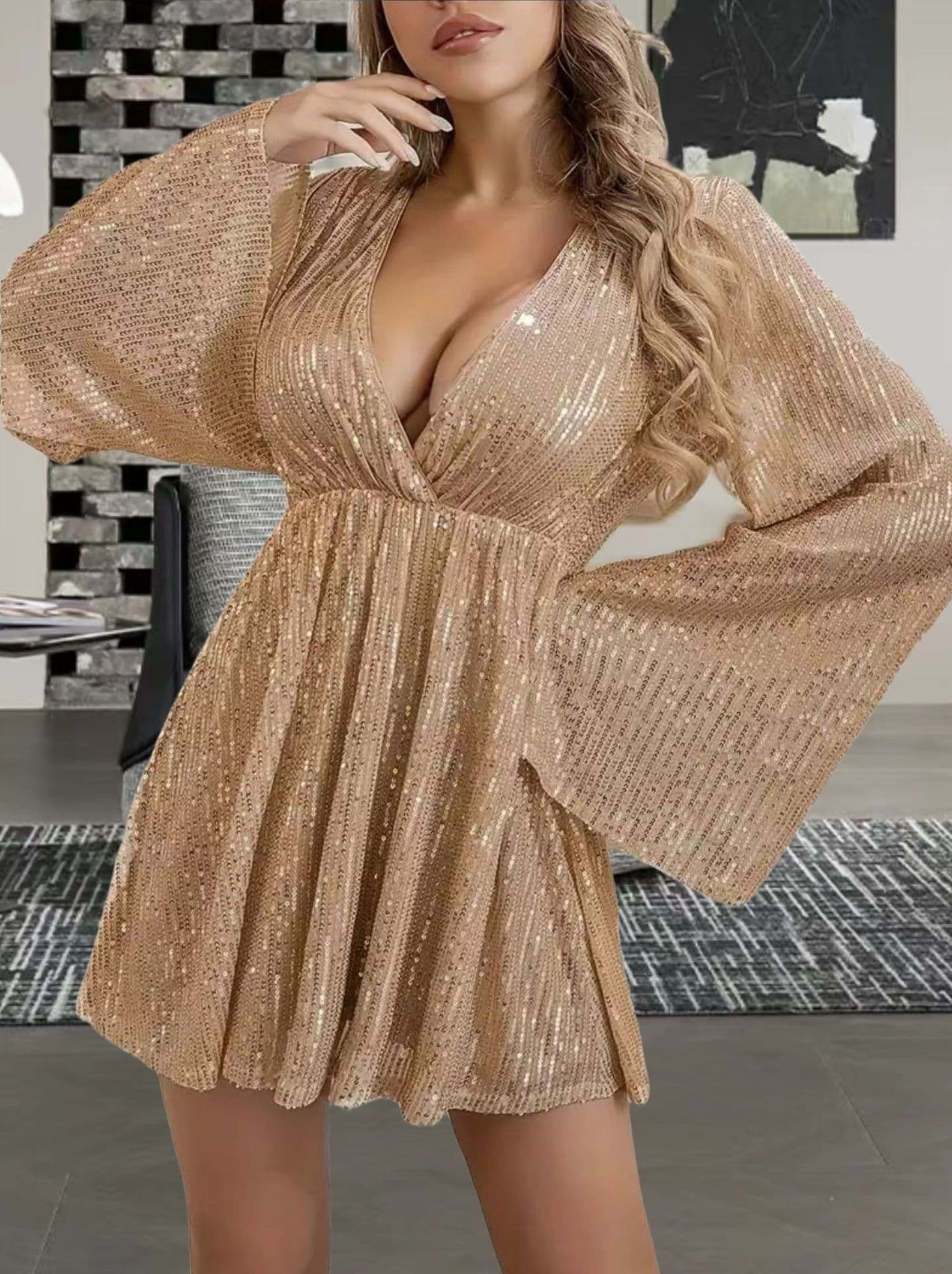 image-V-neck Sequin Waist Slimming Senior Party Evening Dress