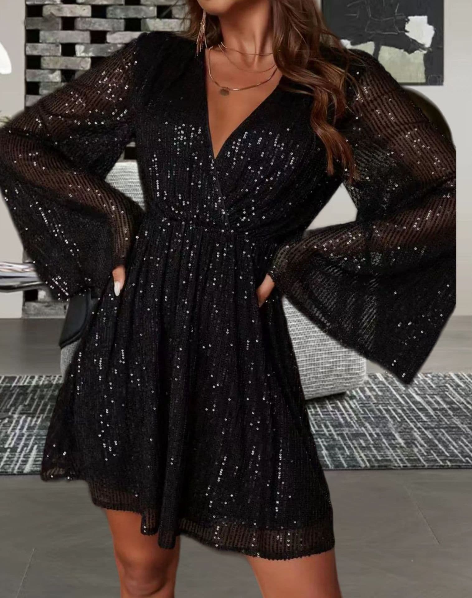 image-V-neck Sequin Waist Slimming Senior Party Evening Dress