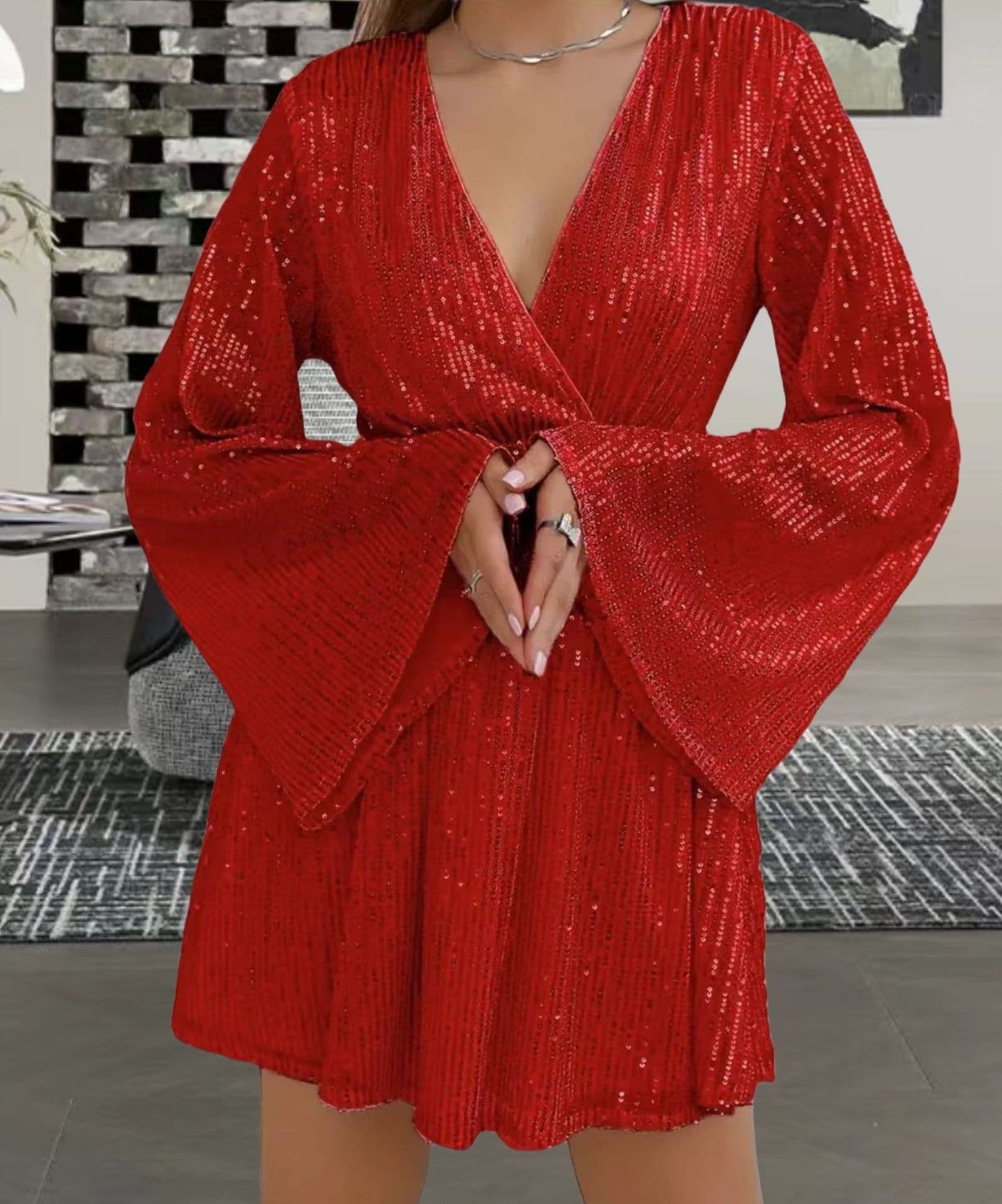 image-V-neck Sequin Waist Slimming Senior Party Evening Dress