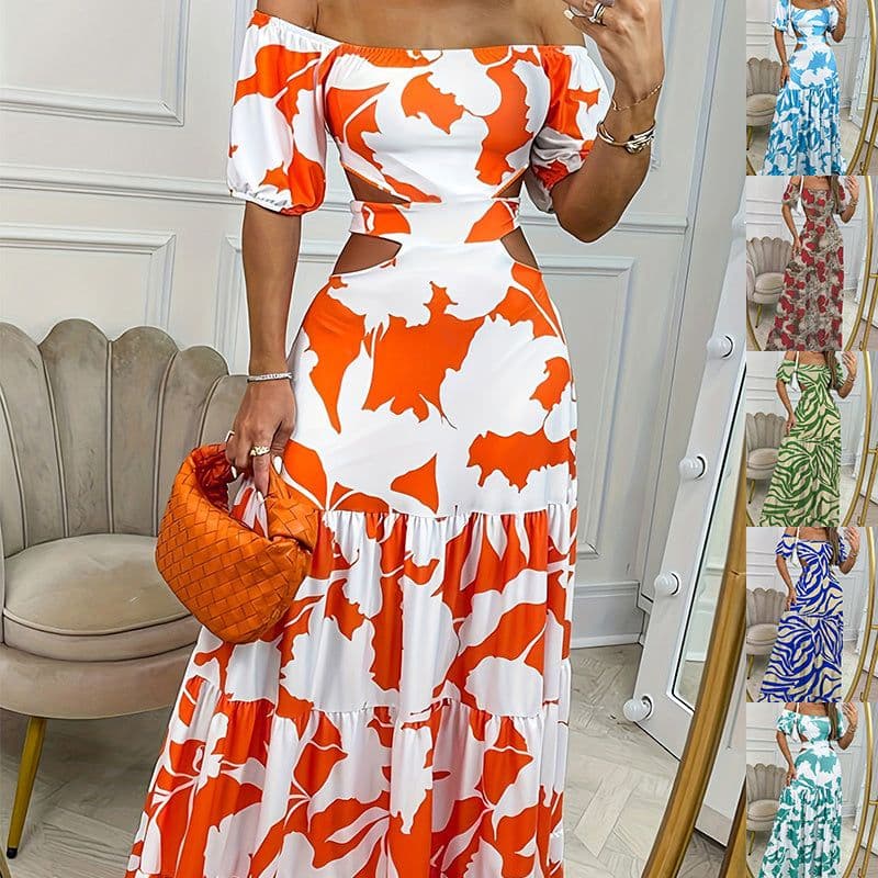 image-Printed One-line Collar Short-sleeved Long Dress With Hollow Waist Design Summer Vacation Dresses For Women Clothing