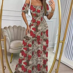 image-Printed One-line Collar Short-sleeved Long Dress With Hollow Waist Design Summer Vacation Dresses For Women Clothing