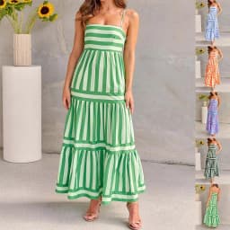 image-Summer Striped Printed Suspender Long Dress With Pockets Fashion Square Neck Backless Dresses For Beach Vacation Women Clothing