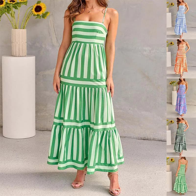 image-Summer Striped Printed Suspender Long Dress With Pockets Fashion Square Neck Backless Dresses For Beach Vacation Women Clothing
