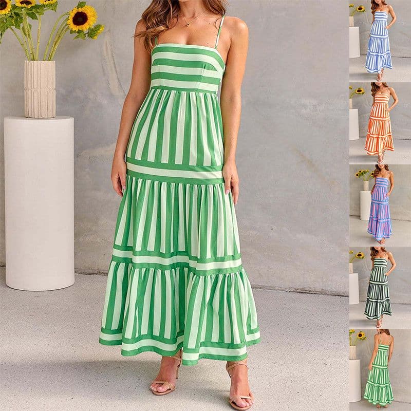 image-Summer Striped Printed Suspender Long Dress With Pockets Fashion Square Neck Backless Dresses For Beach Vacation Women Clothing