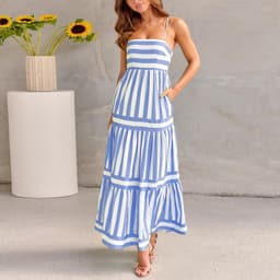 image-Summer Striped Printed Suspender Long Dress With Pockets Fashion Square Neck Backless Dresses For Beach Vacation Women Clothing