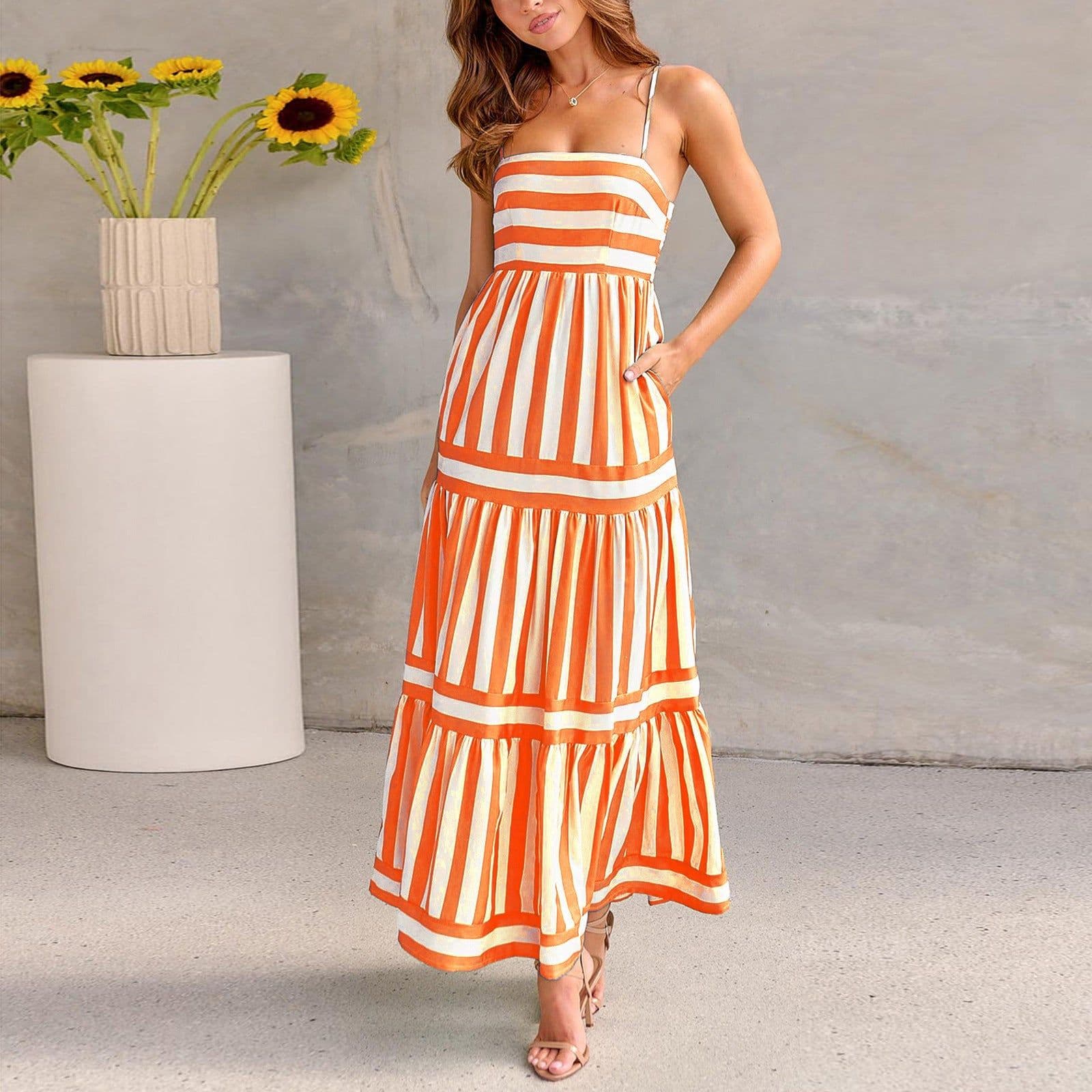 image-Summer Striped Printed Suspender Long Dress With Pockets Fashion Square Neck Backless Dresses For Beach Vacation Women Clothing