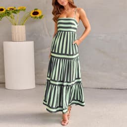 image-Summer Striped Printed Suspender Long Dress With Pockets Fashion Square Neck Backless Dresses For Beach Vacation Women Clothing